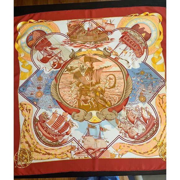 Authentic Hermès “Au-delà des Cinq Mers” Silk Scarf – 90cm Square, Nautical - Picture 1 of 12